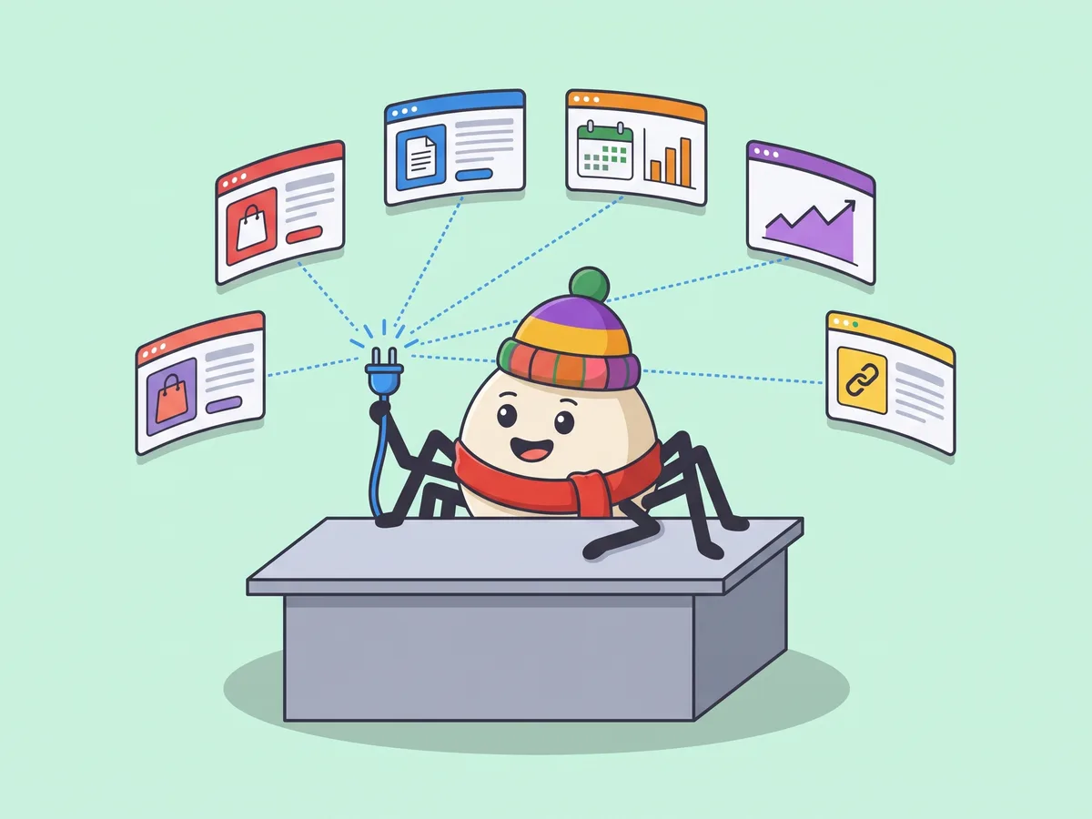 The BlogSEO mascot at a desk holding one glowing plug wired to six client websites