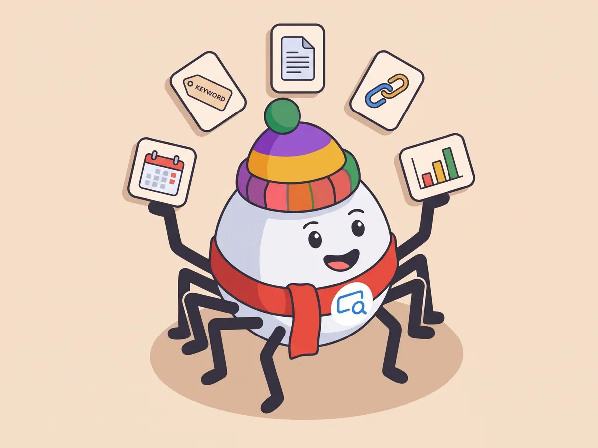 The BlogSEO mascot juggling cards showing a calendar, a keyword tag, an article, a link and a chart