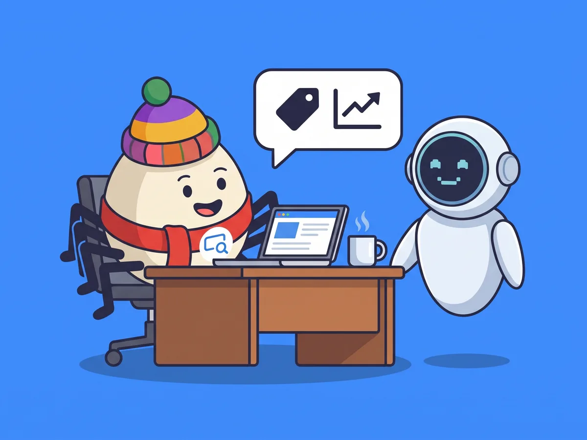 The BlogSEO mascot working at a laptop with an AI assistant robot, sharing a keyword and a rising chart