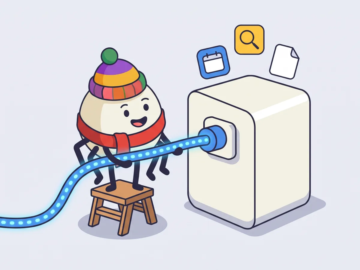 The BlogSEO mascot plugging a glowing cable into a server, with calendar, search and document icons floating out