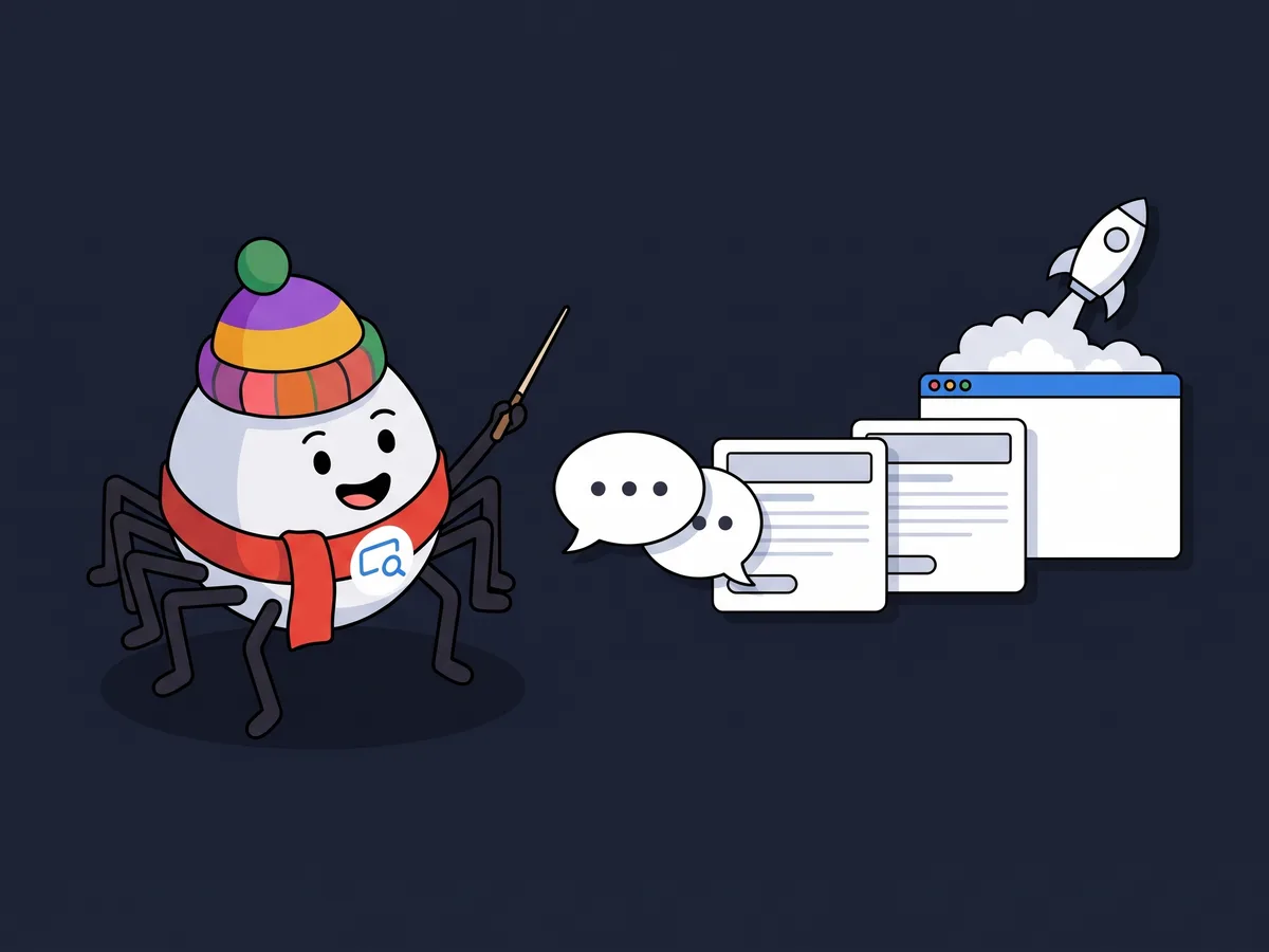 The BlogSEO mascot conducting chat bubbles that turn into published blog pages, with a rocket taking off